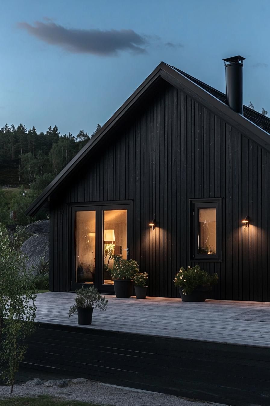 modern house facade with black wooden siding on ebony brick foundation in Scandinavian mountains area 3