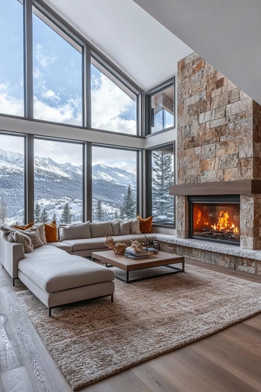 modern mountain retreat home with natural stone fireplace stunning winter mountain views 2