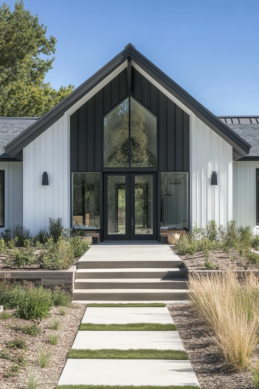 modern ranch house symmetric facade multi pitched roof board and batten siding 1