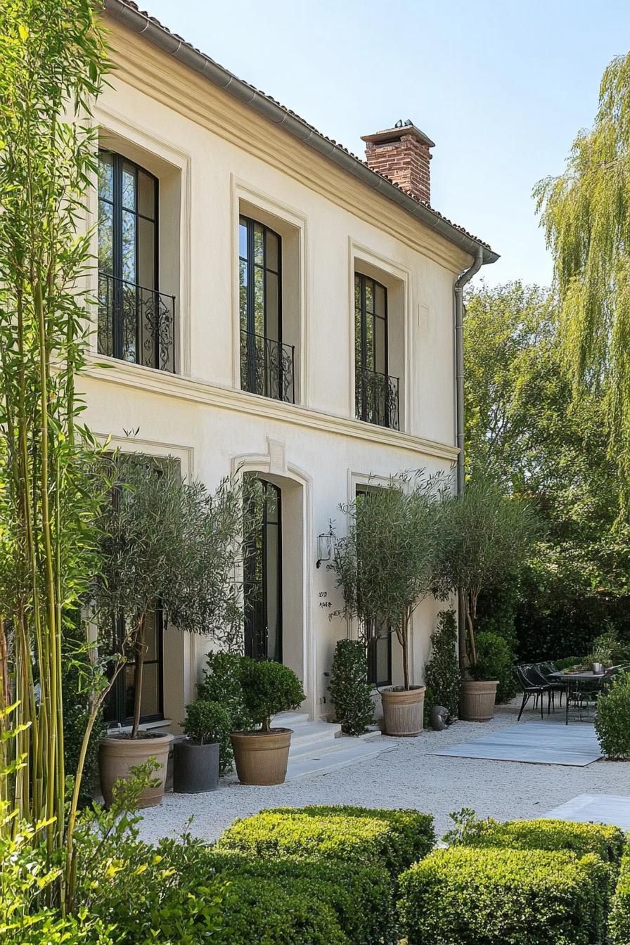 modern French house facade with bamboo accents rustic French garden