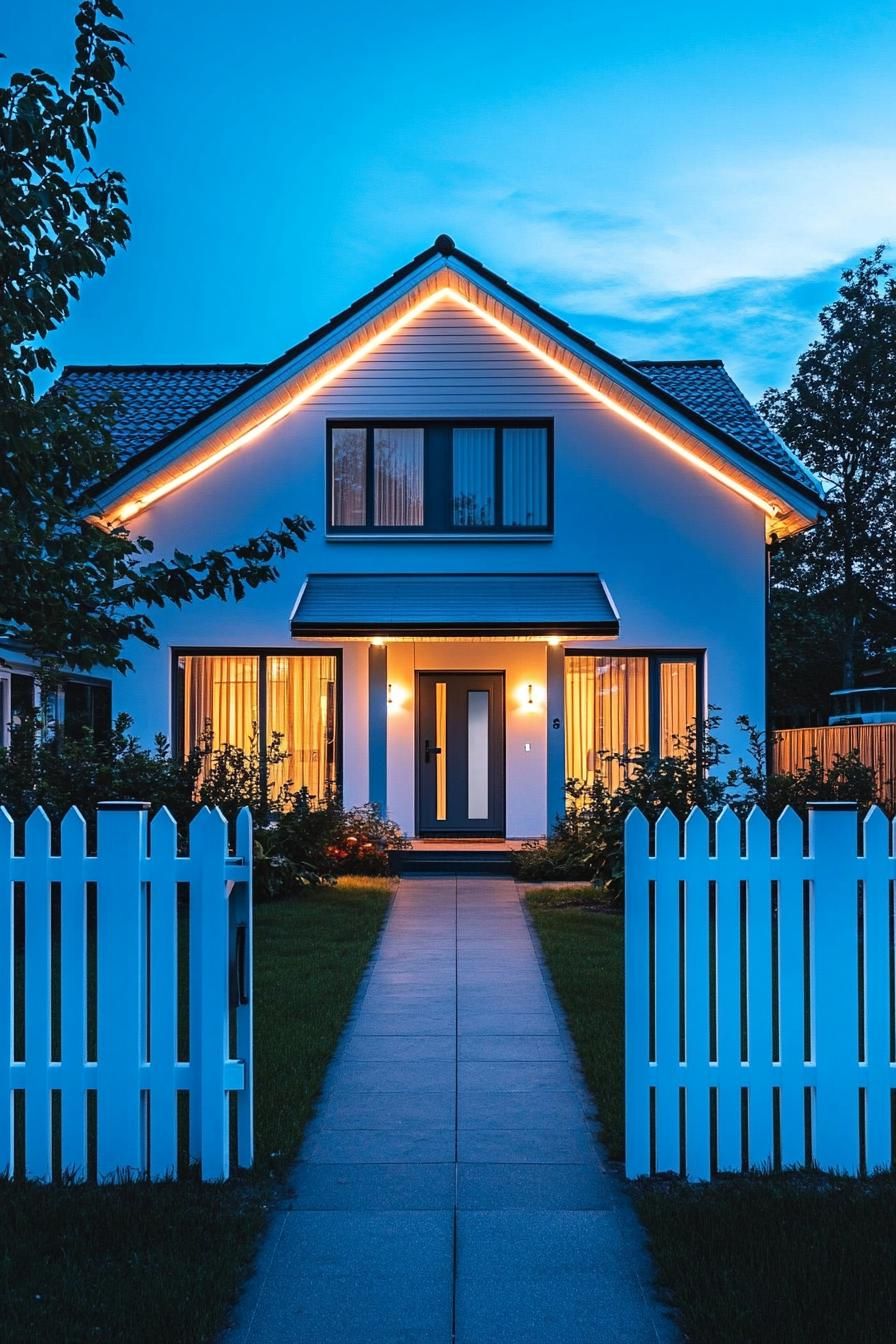 80s house exterior modern renovation facade with neon lights picket fence traditional front yard 3