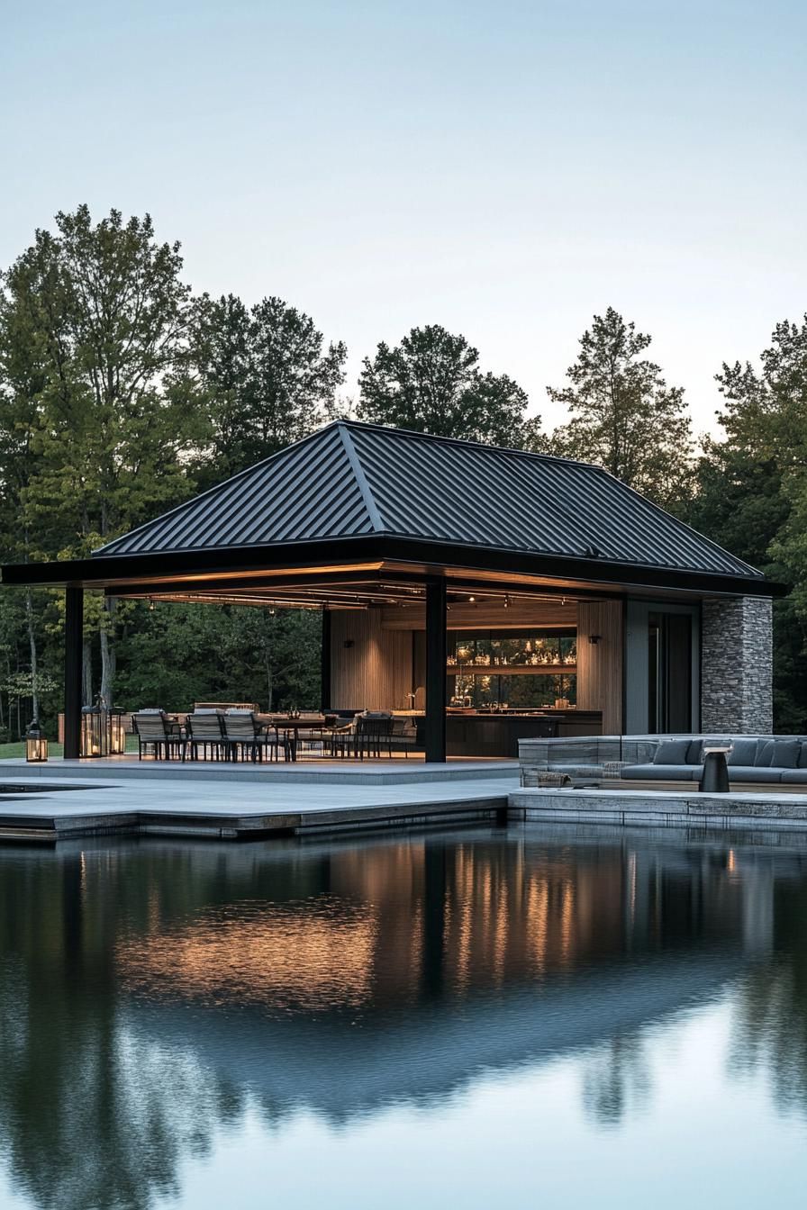 modern lake boathouse with multiple outdoor seating areas 3