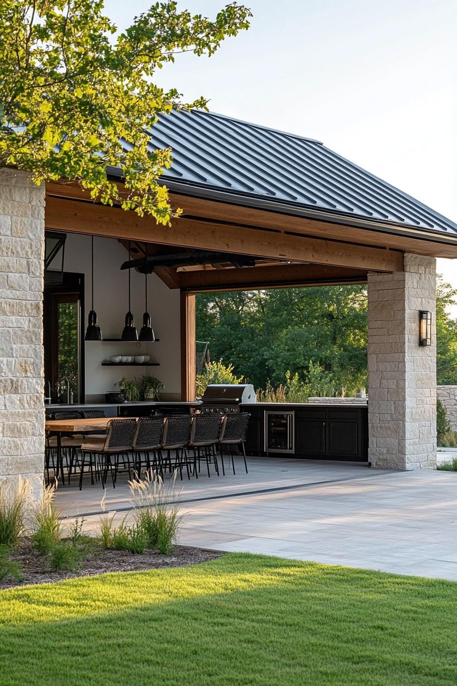 modern L shaped farmhouse courtyard with outdoor kitchen area connected to the inside via sliding barn door
