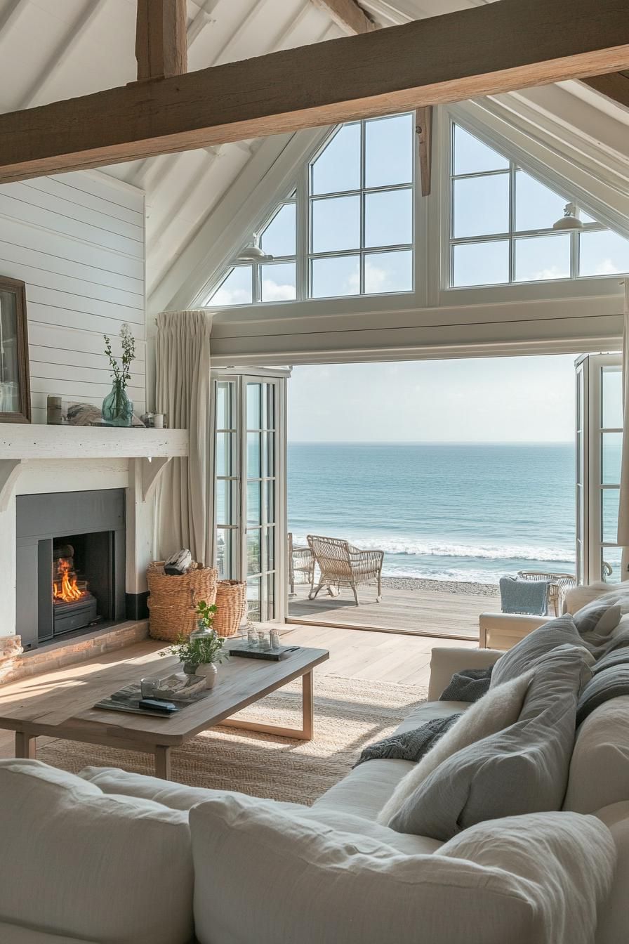 modern English cottage interior with large windows overlooking English sea shore