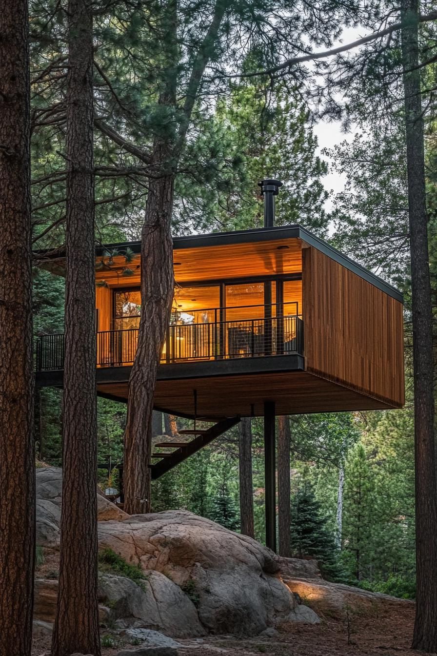 modern forest treehouse nestled high between pine trees 2