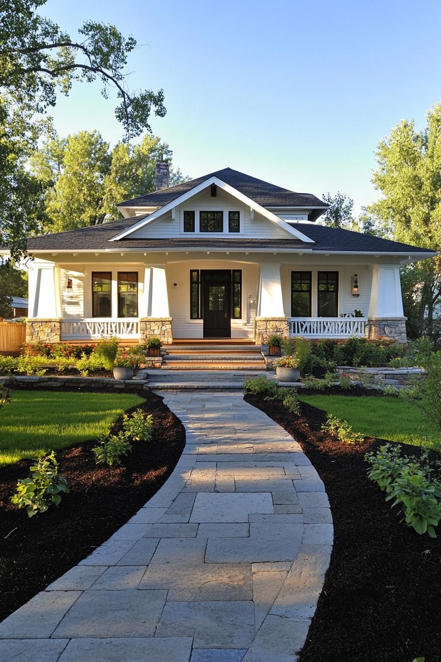 craftsman house with white siding dark multi pitched roof single story large porch with columns and railings entry steps concrete pathway grass