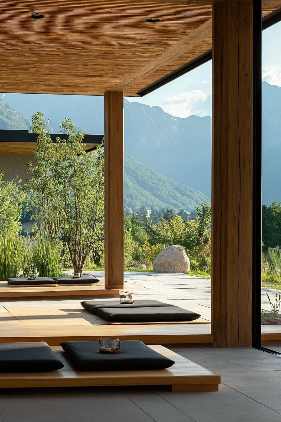 modern zen style home porch with tatami mats and mountain views