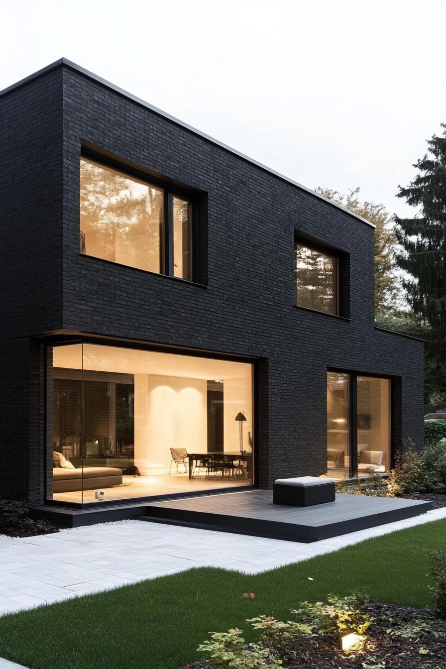 modern black brick house with large windows and visible white interior