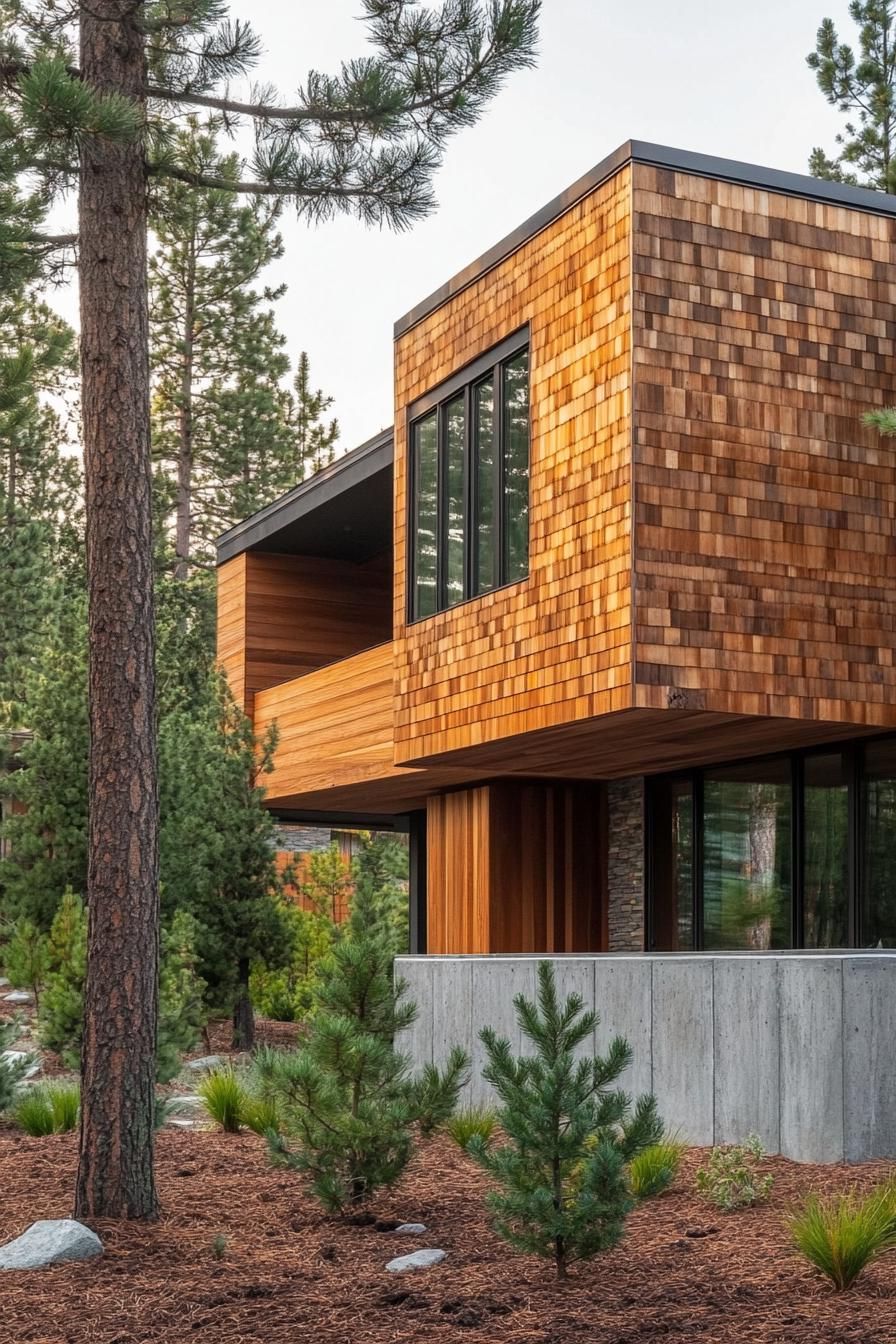 modern wood house facade with wood shinges and large concrete foundation pine trees in mulched front yard