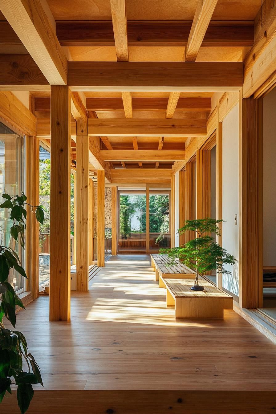 modern unique japanese style zen home with wooden beams and natural wood interior