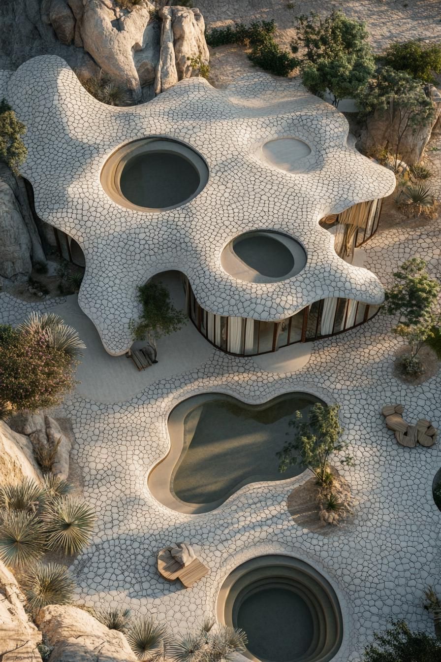 luxury desert villa geometric flower petal shaped facade with large courtyard oasis birds eye view 3