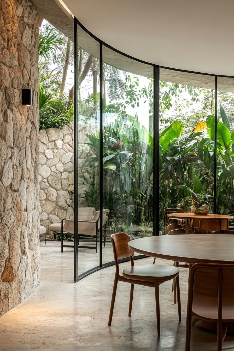 Interior of a modern glass house with curved floor to ceiling glass walls define the space seamlessly blending the outdoor greenery with the indoor