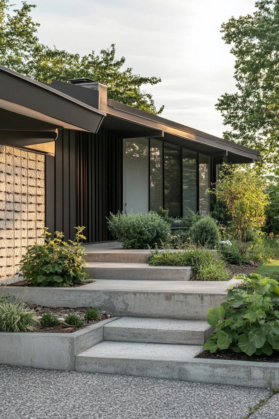 70s midcentury house geometric facade front yard with concrete planters 3