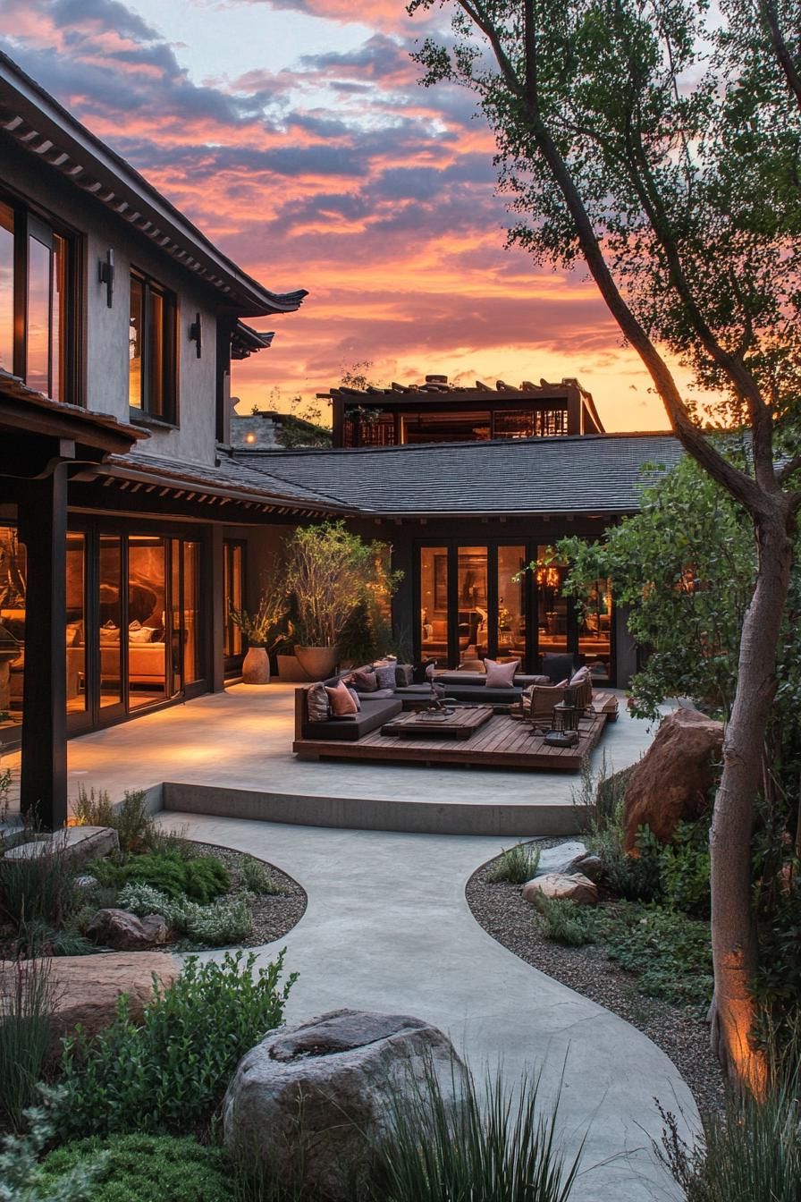 chinese inner courtyard with concrete deck and path rocks and native plants tree in the corner the house has chinese curved slope with barrel grey