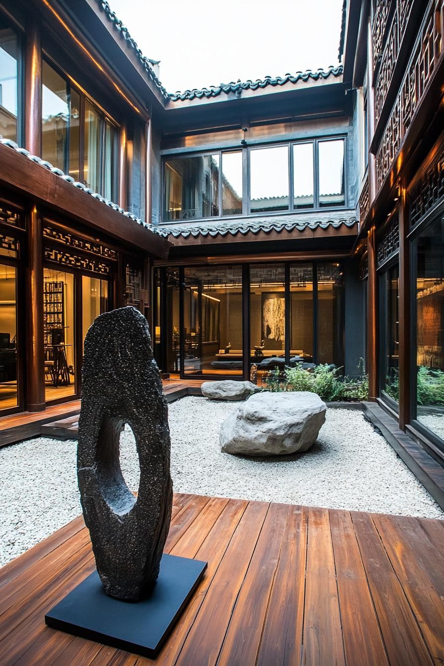 chinese inner courtyard with modern art sculptures wooden deck rocks chinese detailing modern office building visible over the roof from the 3