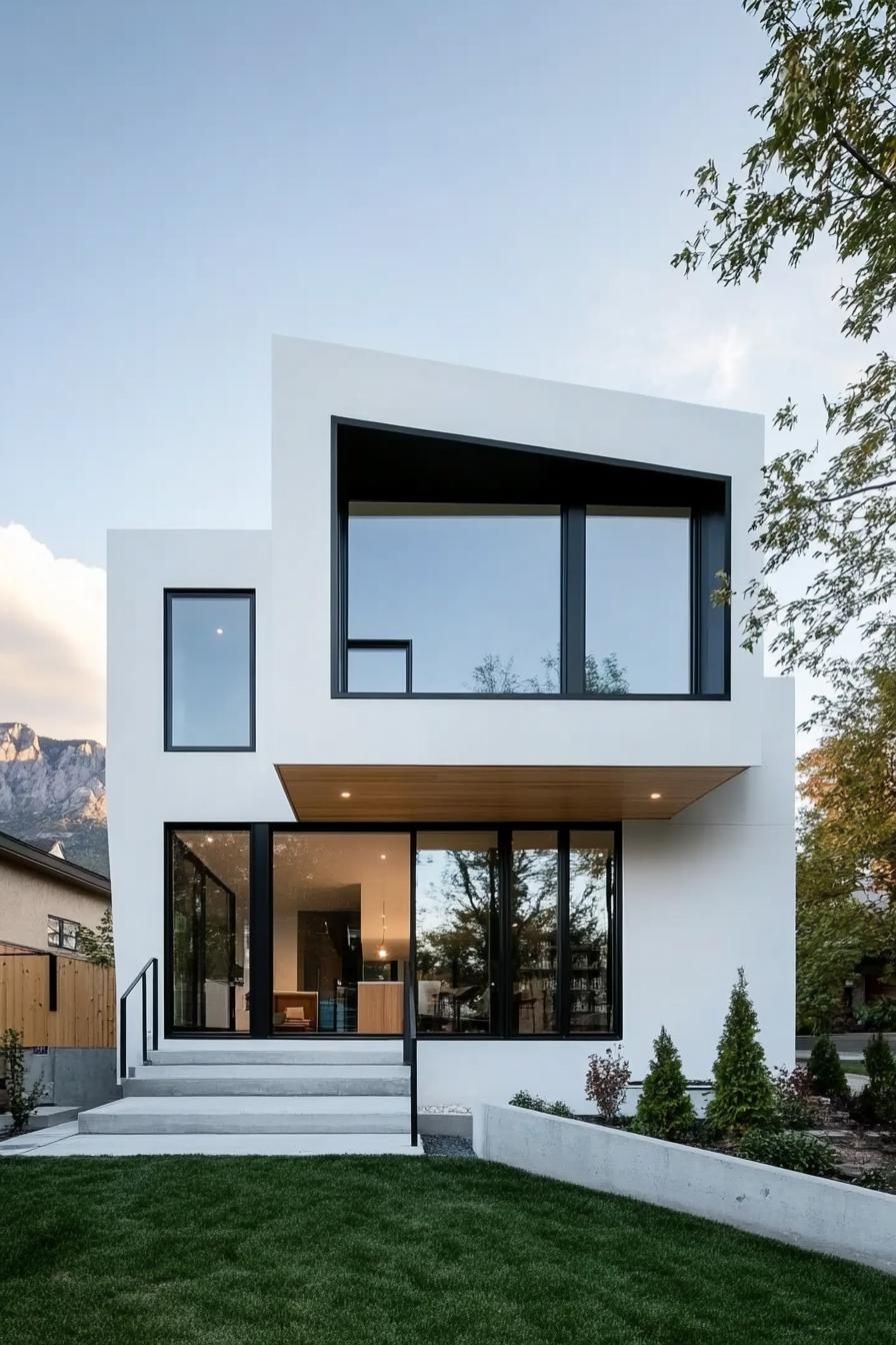 modern cube house white facade with black trim mountain range in the background