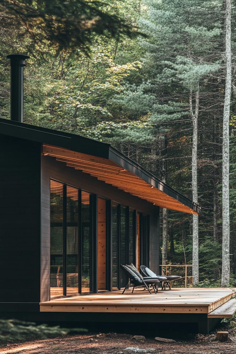 modern prefab small house facade with charcoal black shiplap siding large black trim windows flat roof extending over a wooden deck with beams and 2