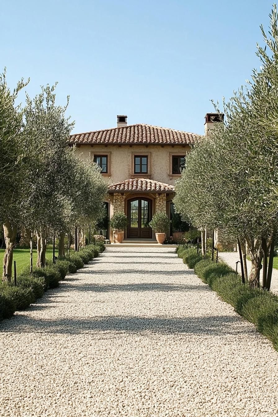 modern Tuscan mediterranean house with gravel driveway lined with olive trees 2