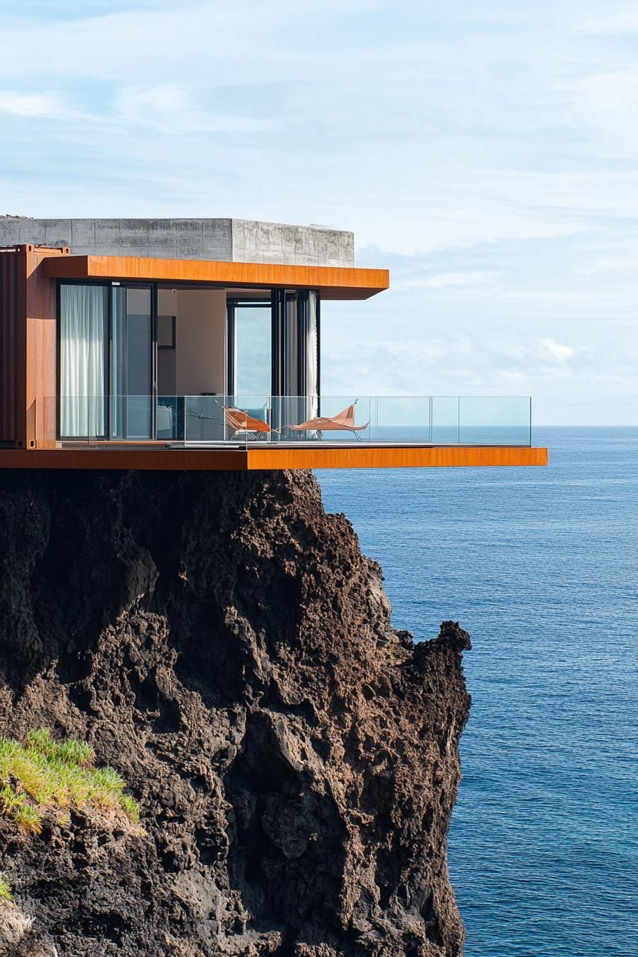 modern multi level shipping container house built into cliff rock overlooking a black volcanic island shore 2