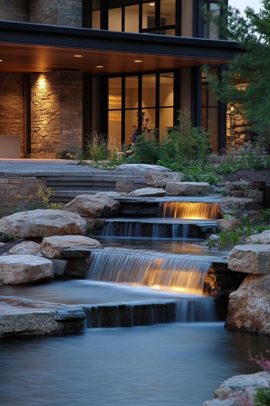 modern house yard water features with LED