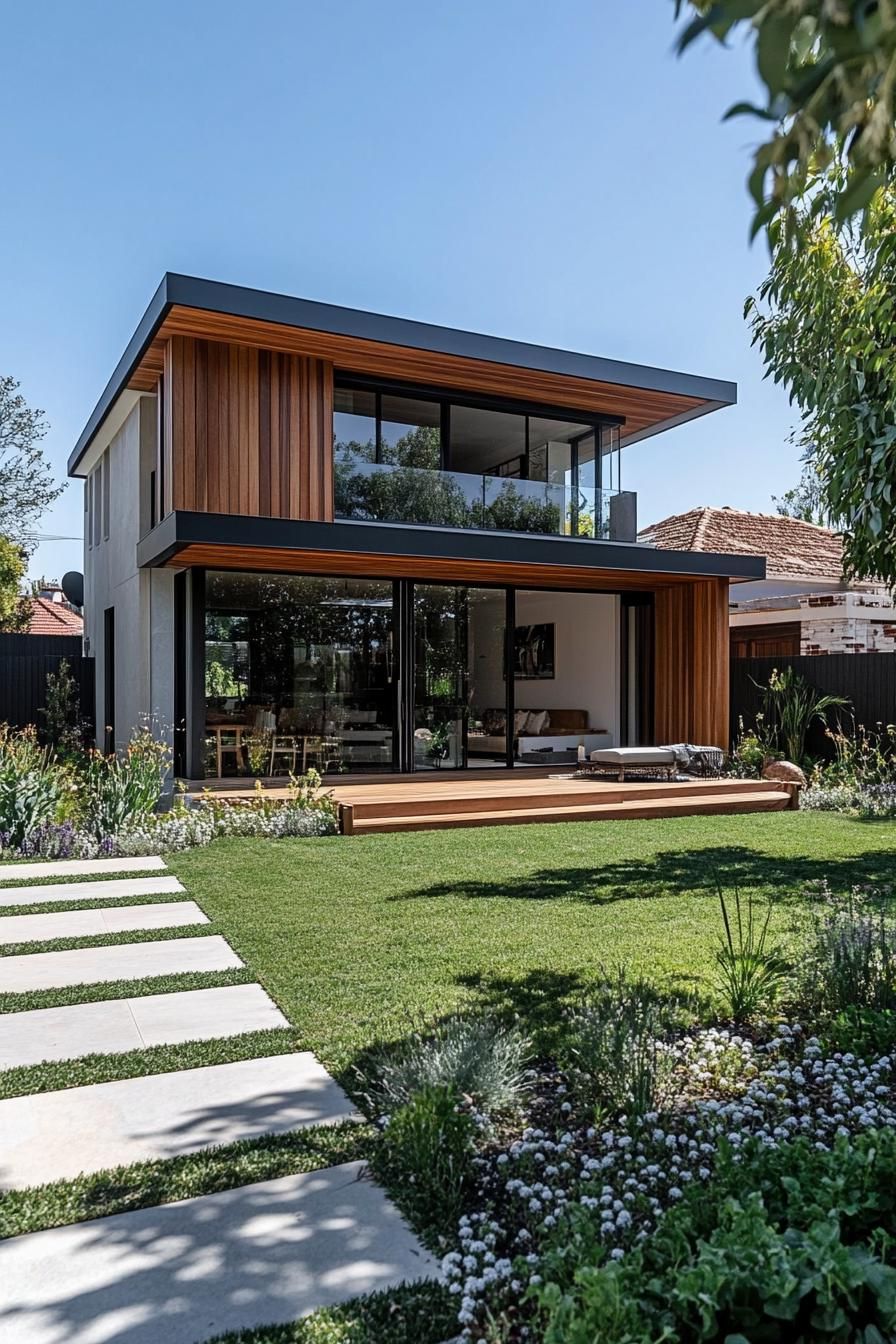 modern French country house facade with timber clads yard with minimalist landscaping 3