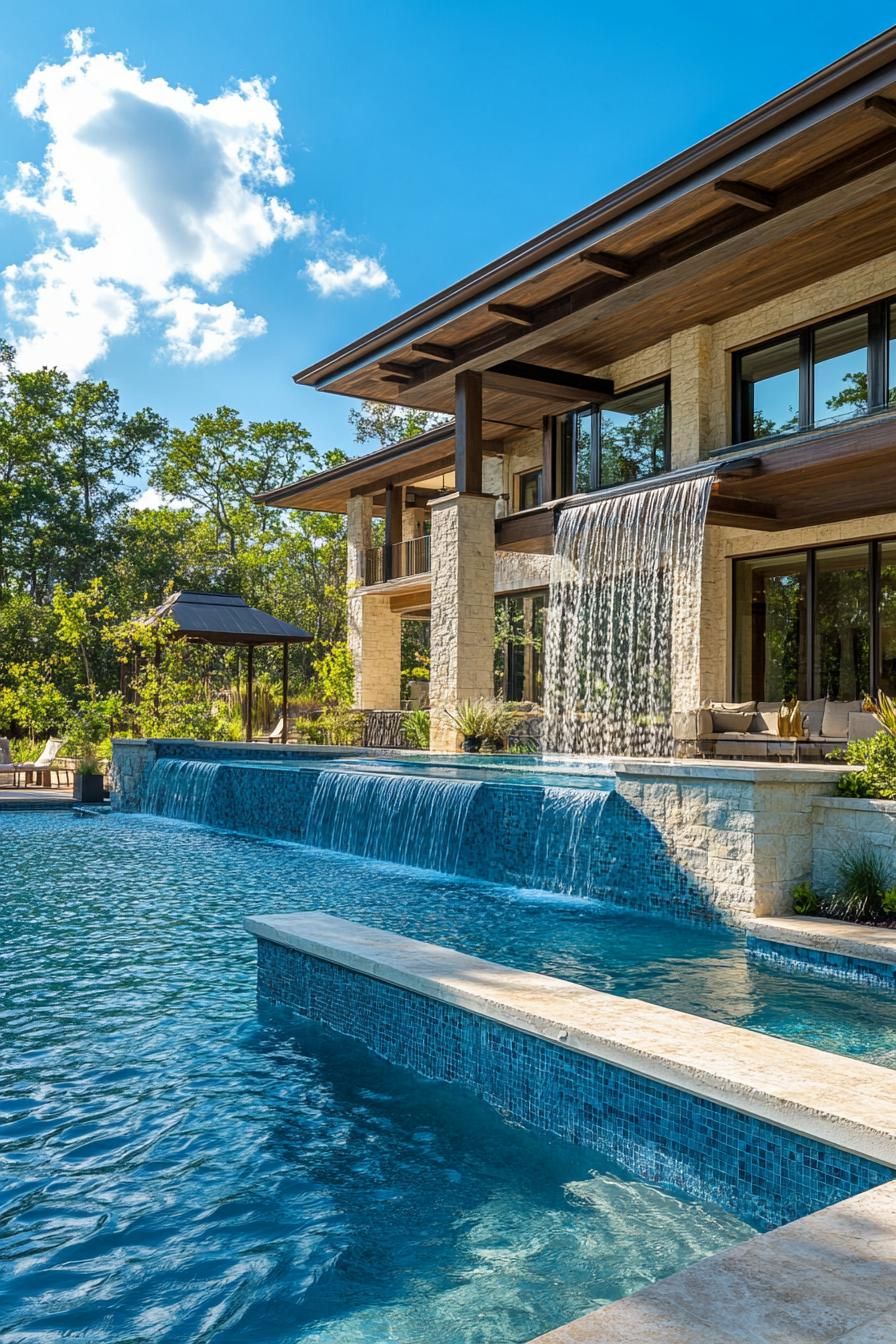 modern suburban mansion infinity pool with waterfall feature 3
