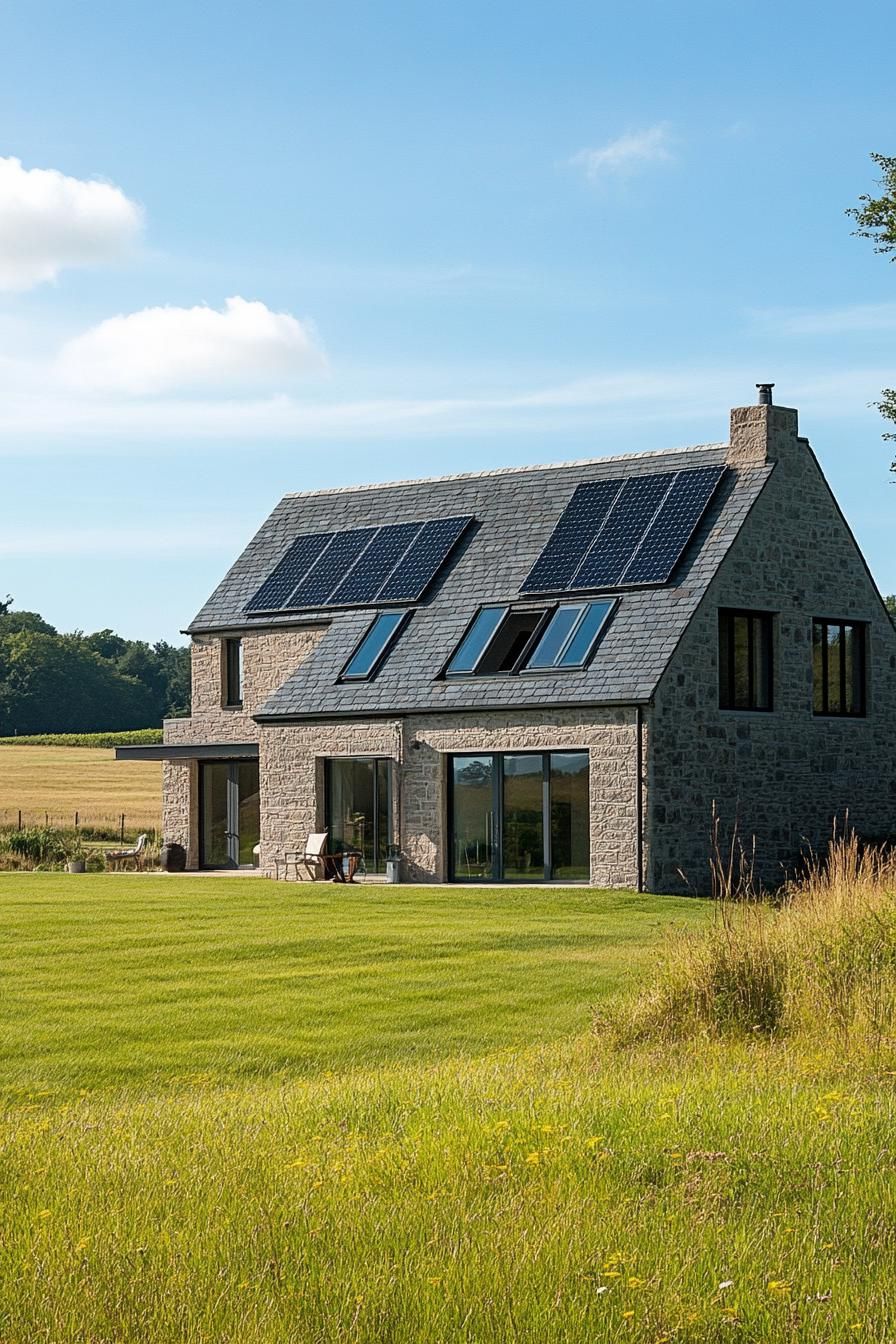 modern L shaped farmhouse gabled roof with solar panels in beautiful green open fields on a sunny day 2