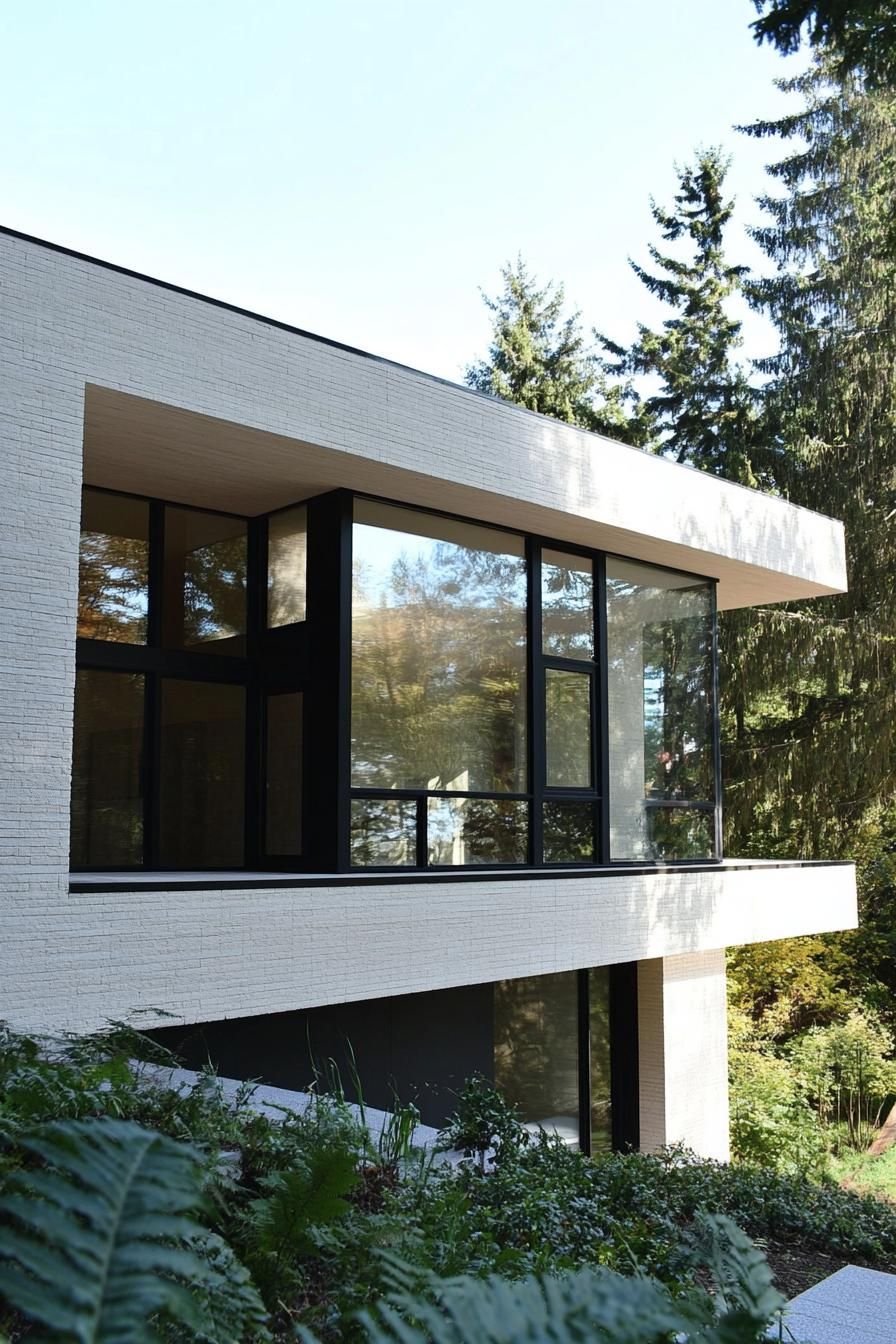 modern house on a slope with minimalist geometric facade and large windows forest views 3