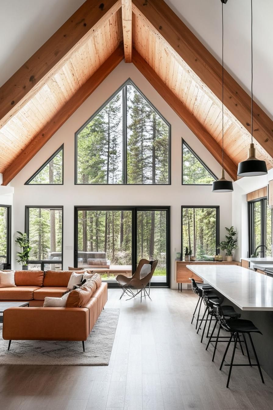modern a frame forest home open plan interior living room with kitchen white ceiling natural wood planked wall with large windows wooden beams 3