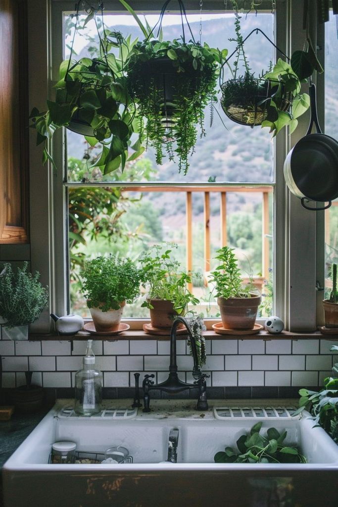 Hanging Herb Garden in Front of Windows