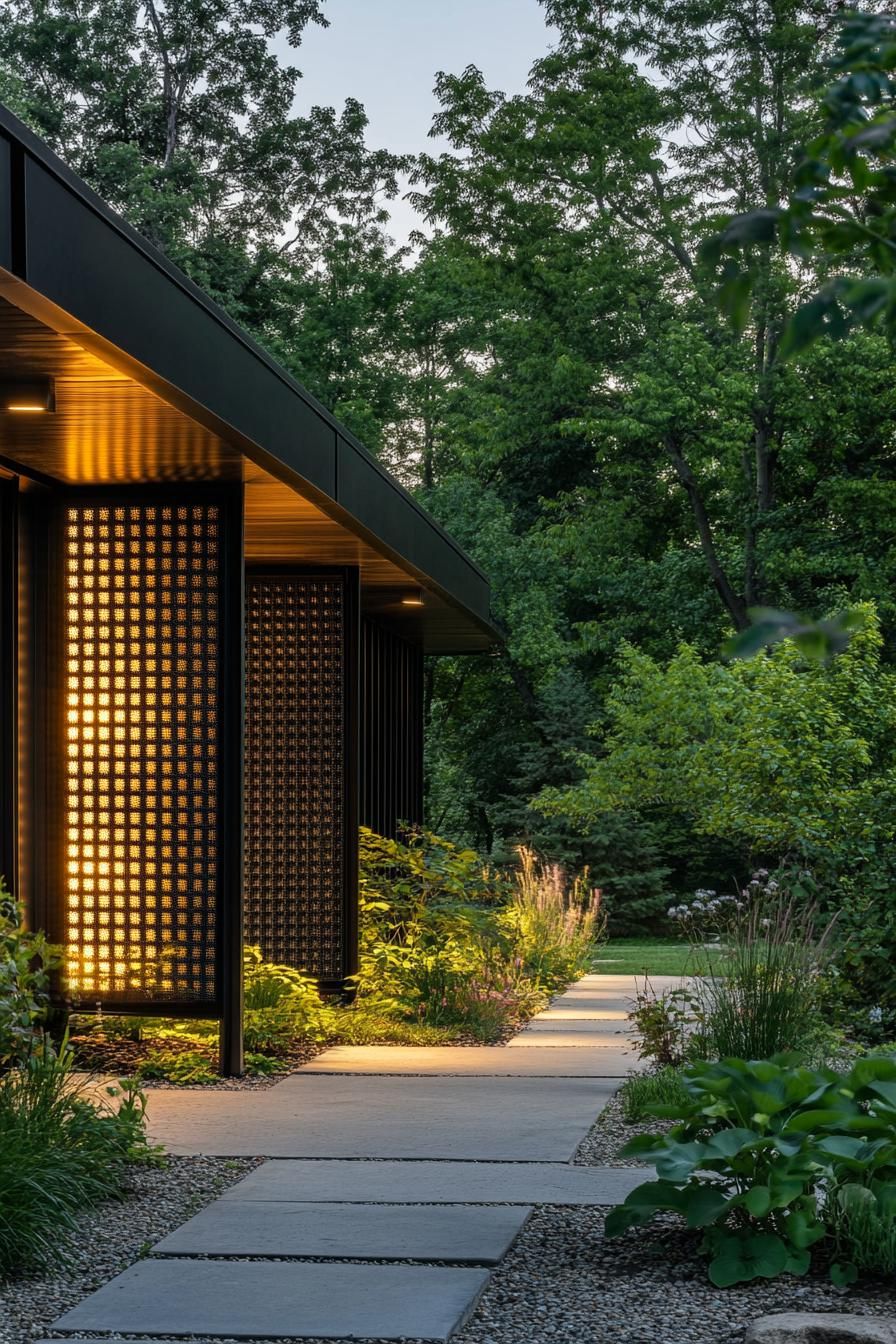 mid century modern black house black metal mesh facade with LED lighting 2