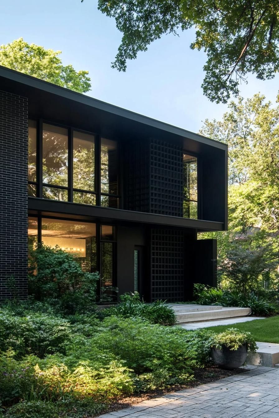 mid century modern black house black concrete geometric facade full house view 2