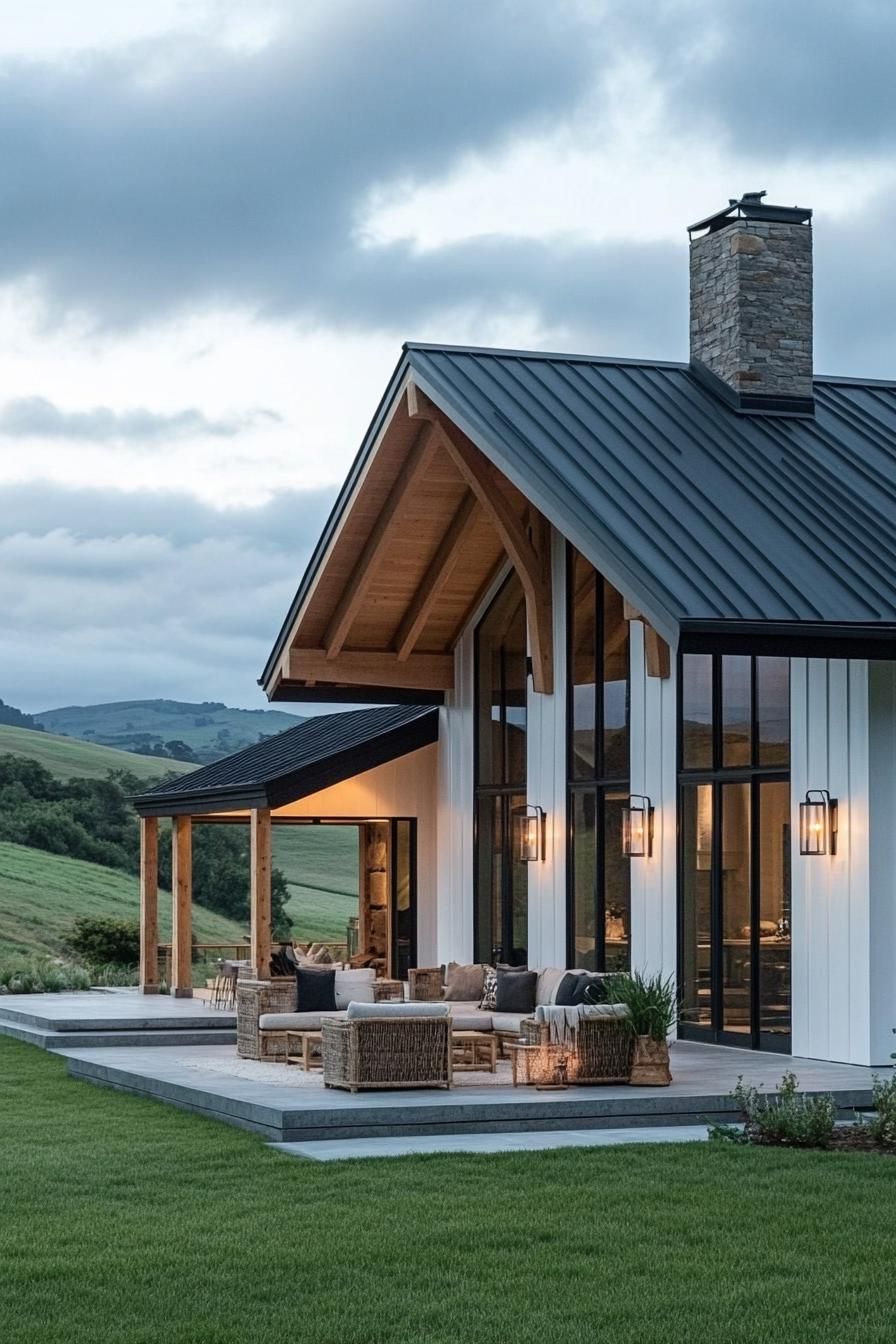 modern farmhouse L shaped house facade with wraparaound porch with wooden beams beautiful green hill scenery