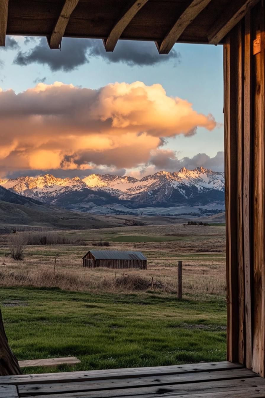 view from rustic ranch house porch fields visible small barn building dramatic mountains in sunset clouds in backdrop 1