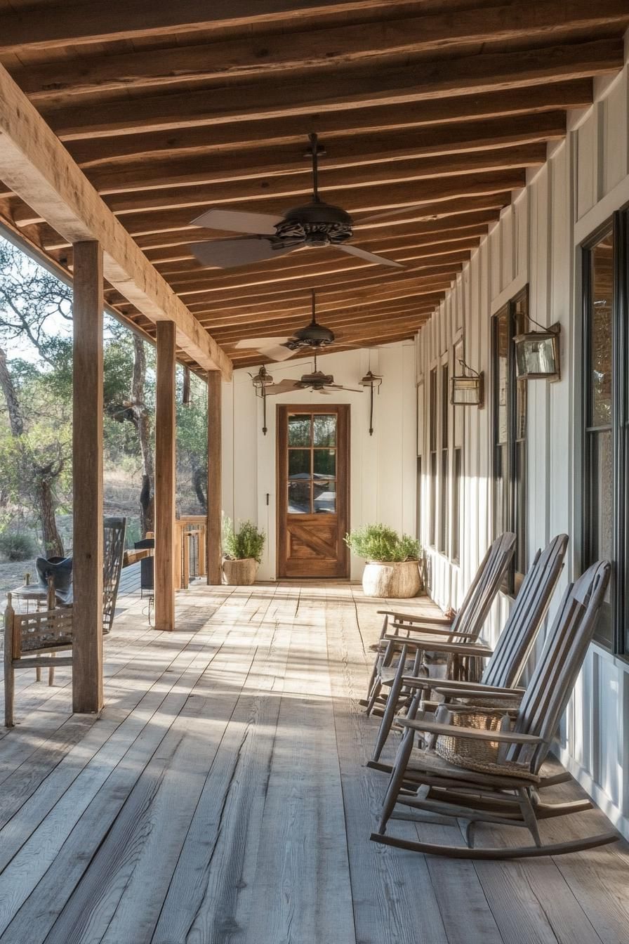 ranch house rustic porch ceiling fan wooden chairs 1