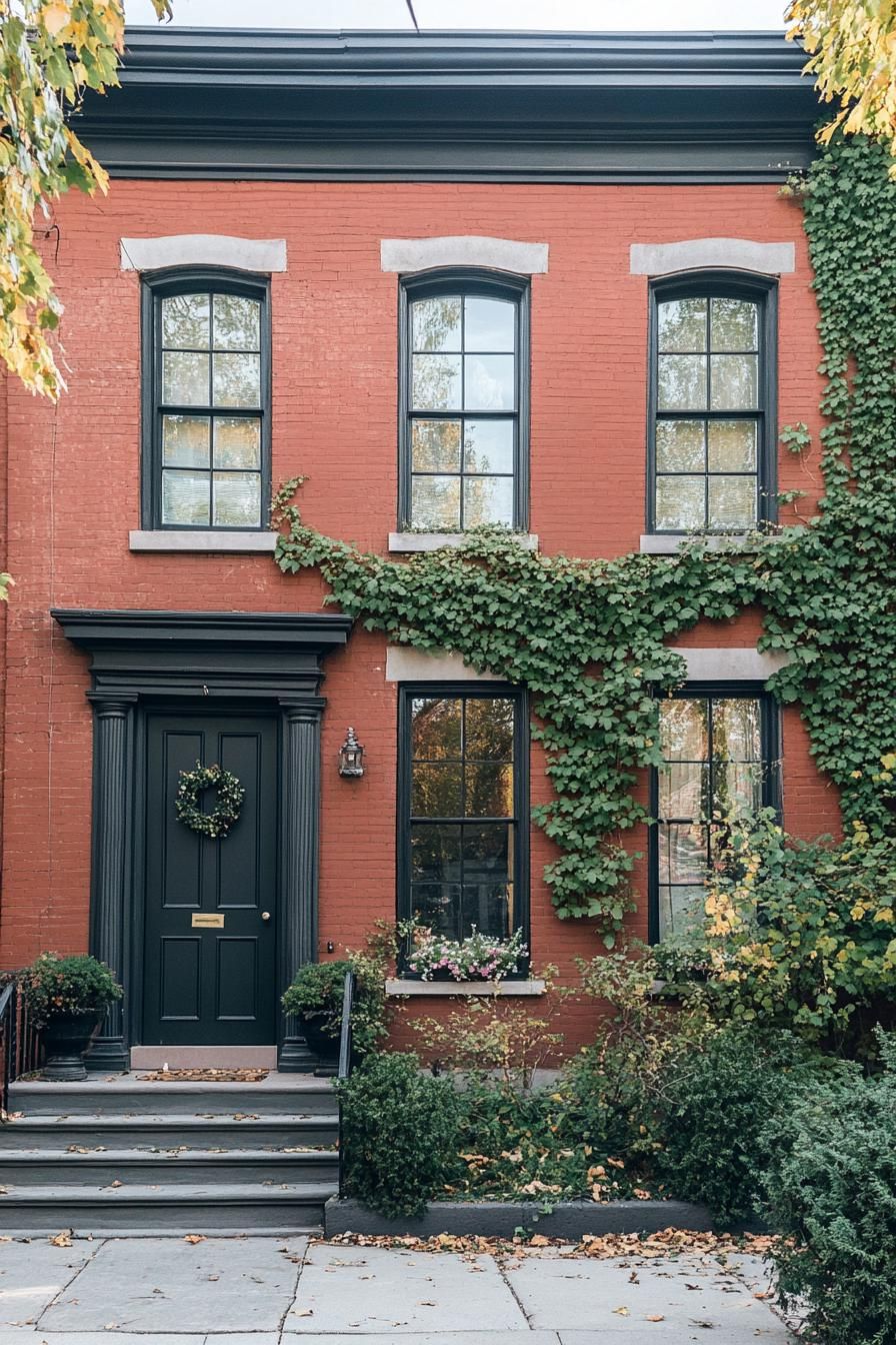 colonial red brick house restaurated facade with vine climbers 2