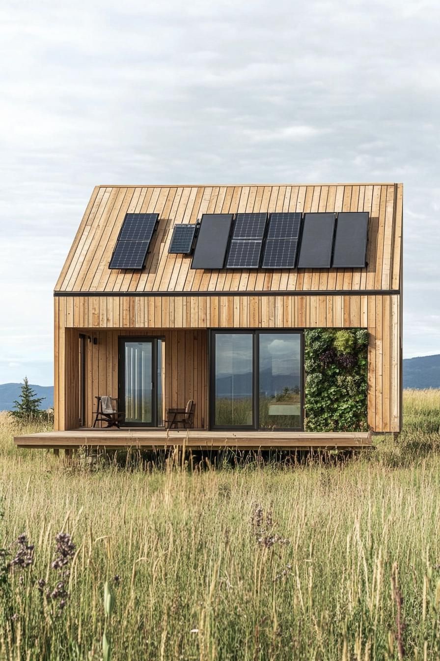 modern prefab small house barn style facade with all wood siding and roof green living wall solar panels on roof in an open field 2