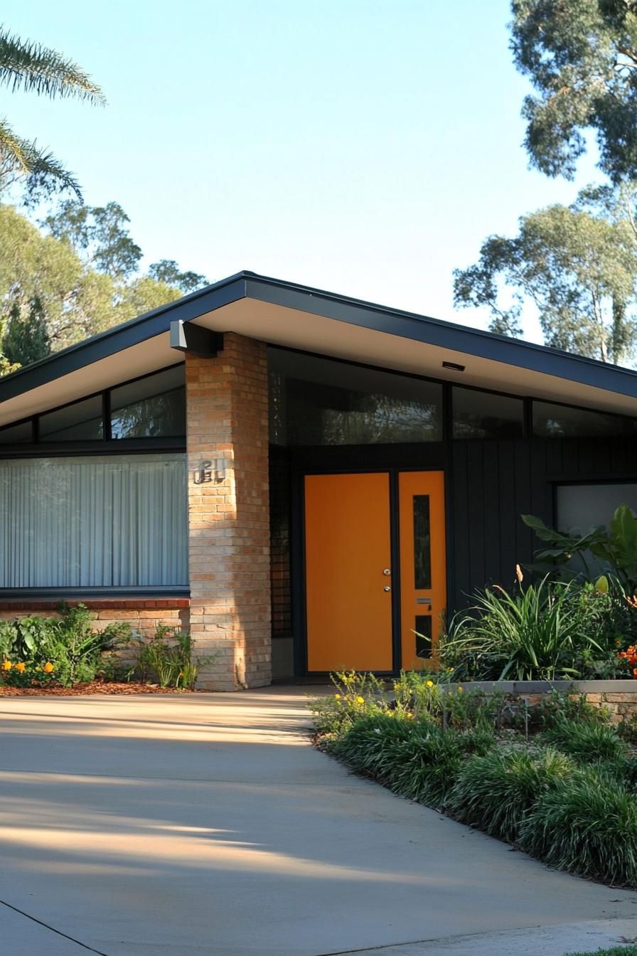 retro style mid century modern house facade with flat roof 2