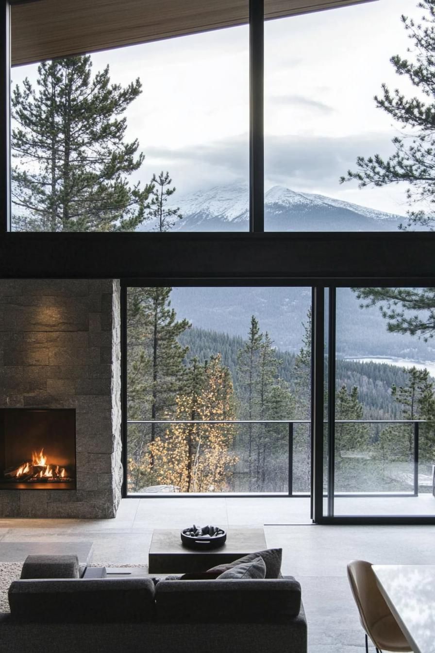 Modern Mountain Home With a Sleek Minimalist Stone Fireplace stunning Scandinavian mountain views through the windows 3