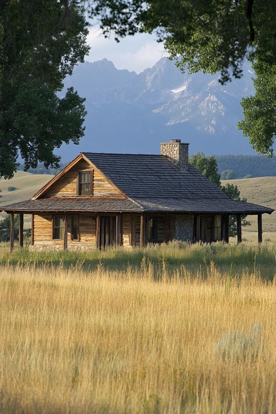 one story ranch house rustic siding ranch fields trees 1