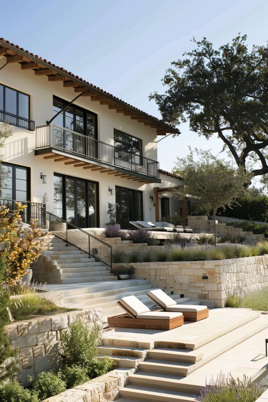 mediterranean house terraces with sunbeds
