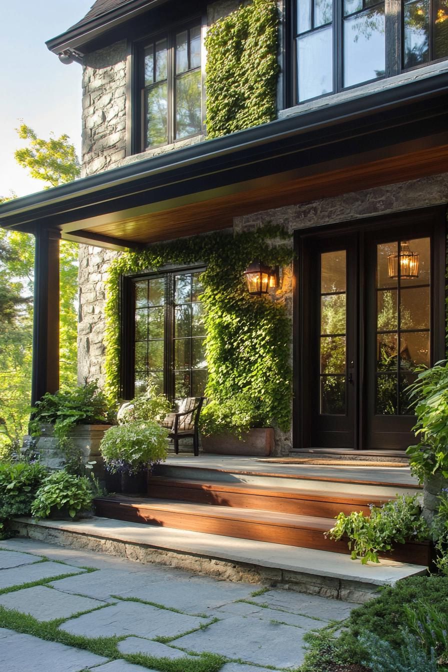 modern English cottage porch with vertical herb garden