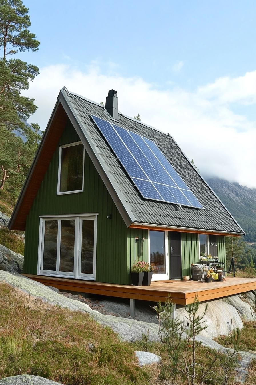 a frame mountain house in charteuse green siding grey slate roof with solar panels Scandinavian mountain landscape