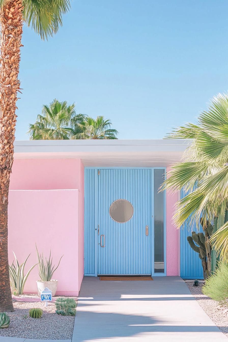 mid century modern house facade in electric blue and pastel pink colors 3