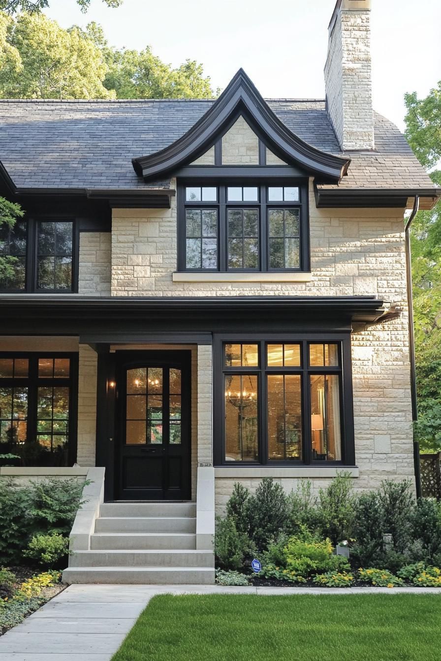 mid century modern and antique style house facade with Victorian style trim 3
