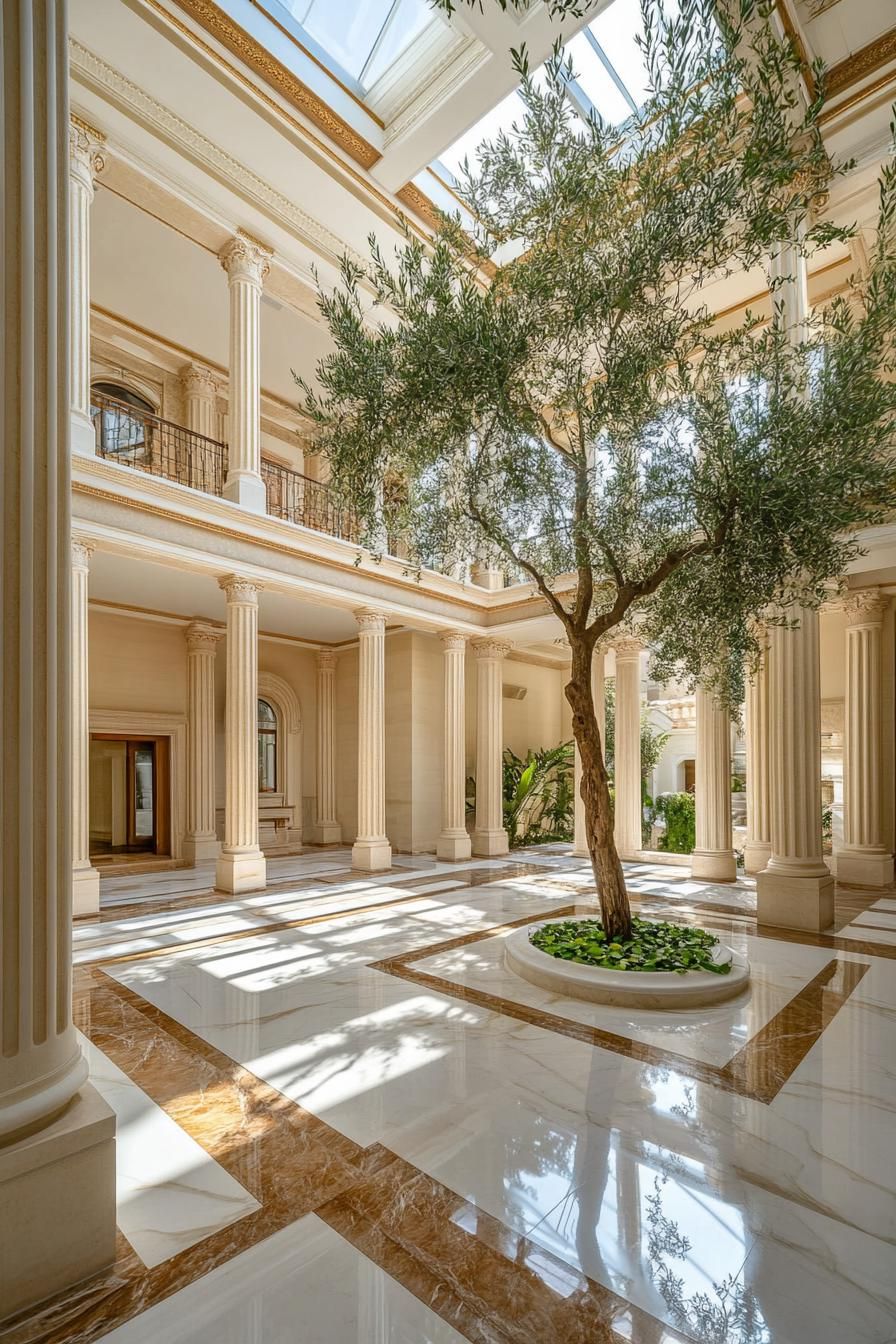 modern mansion house indoor atrium with classic columns marble floors olive tree garden 3