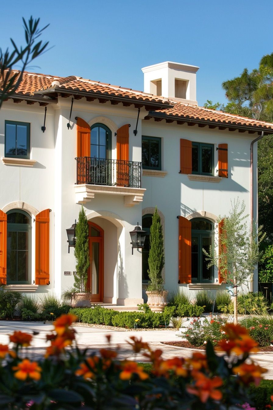 mediterranean house with orange shutters