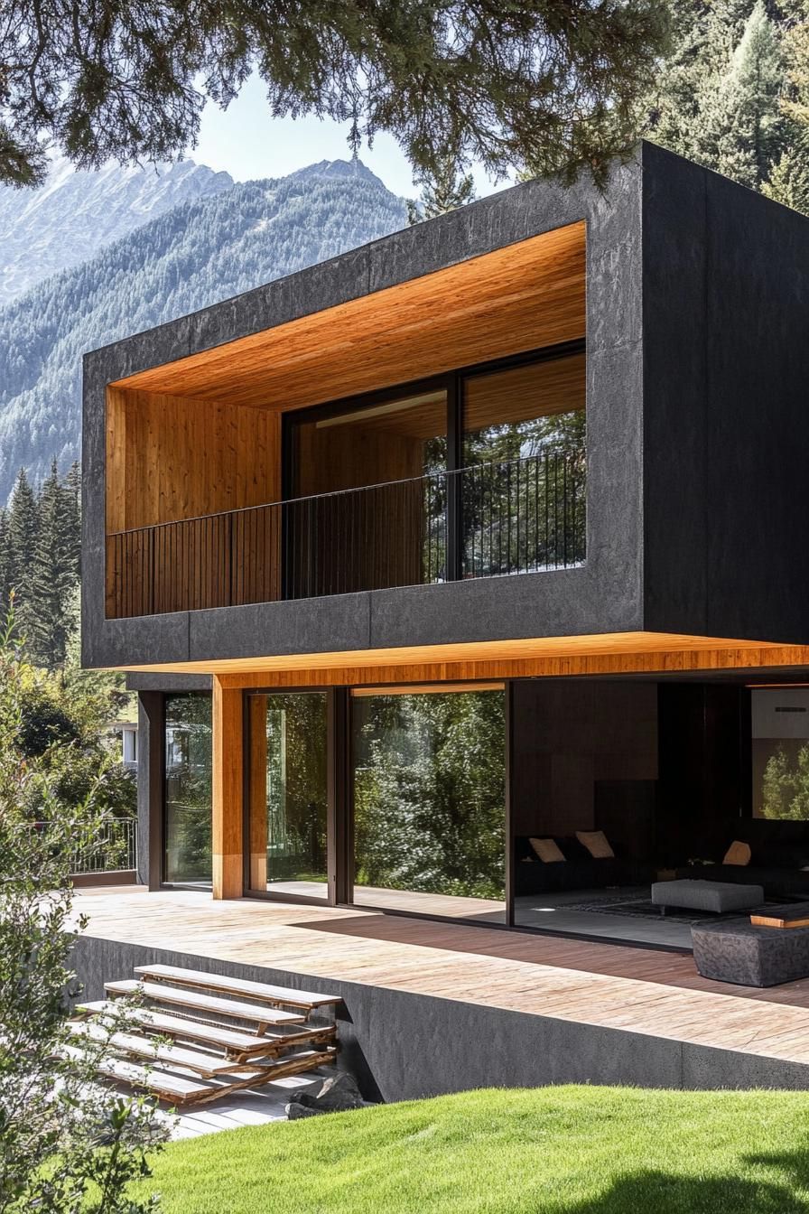 Black Concrete Façade With Natural Wood Accents