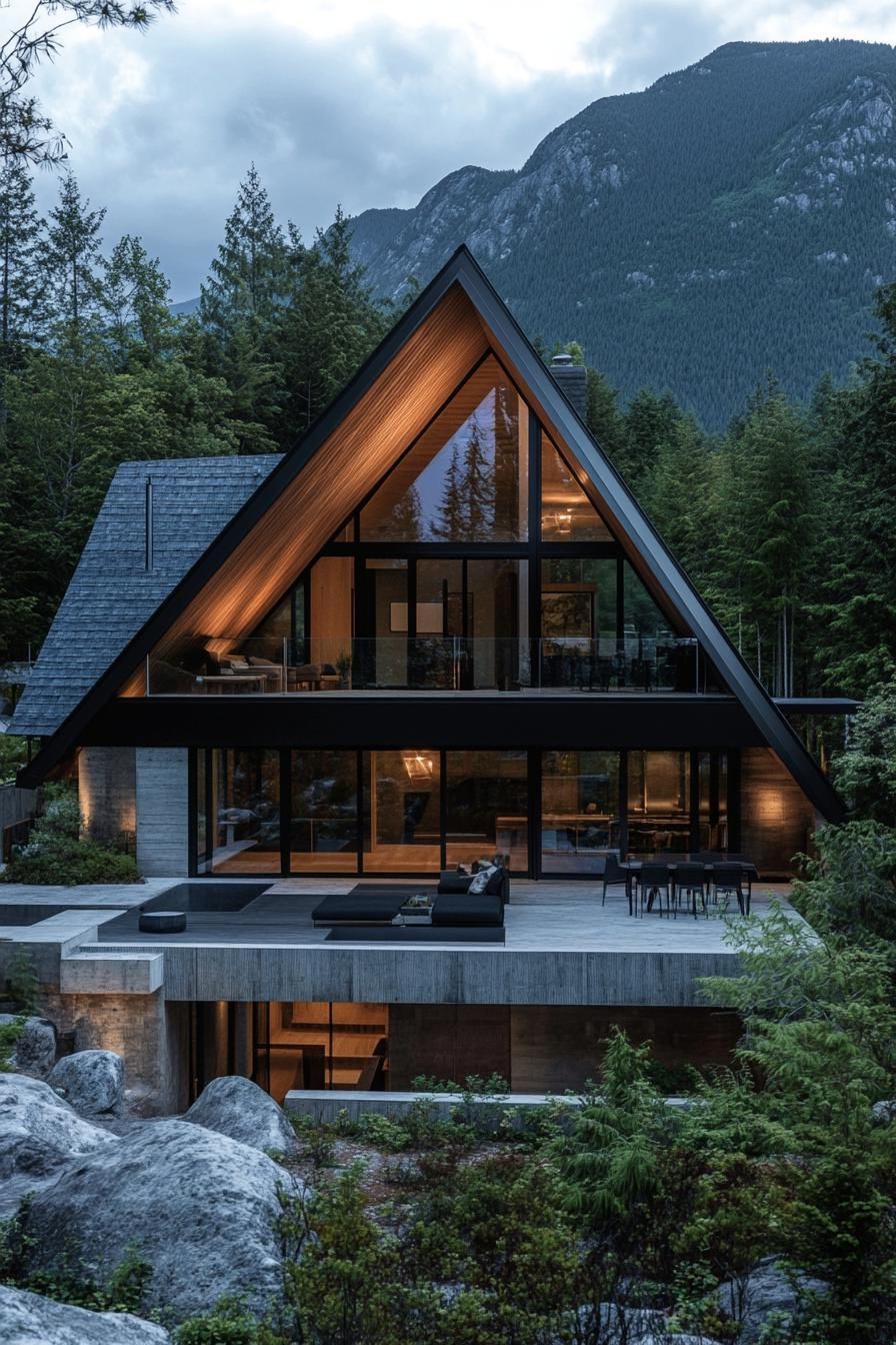 modern A frame house features a slanted roof with a central peak crafted from wood and metal. Large floor to ceiling glass windows dominate the