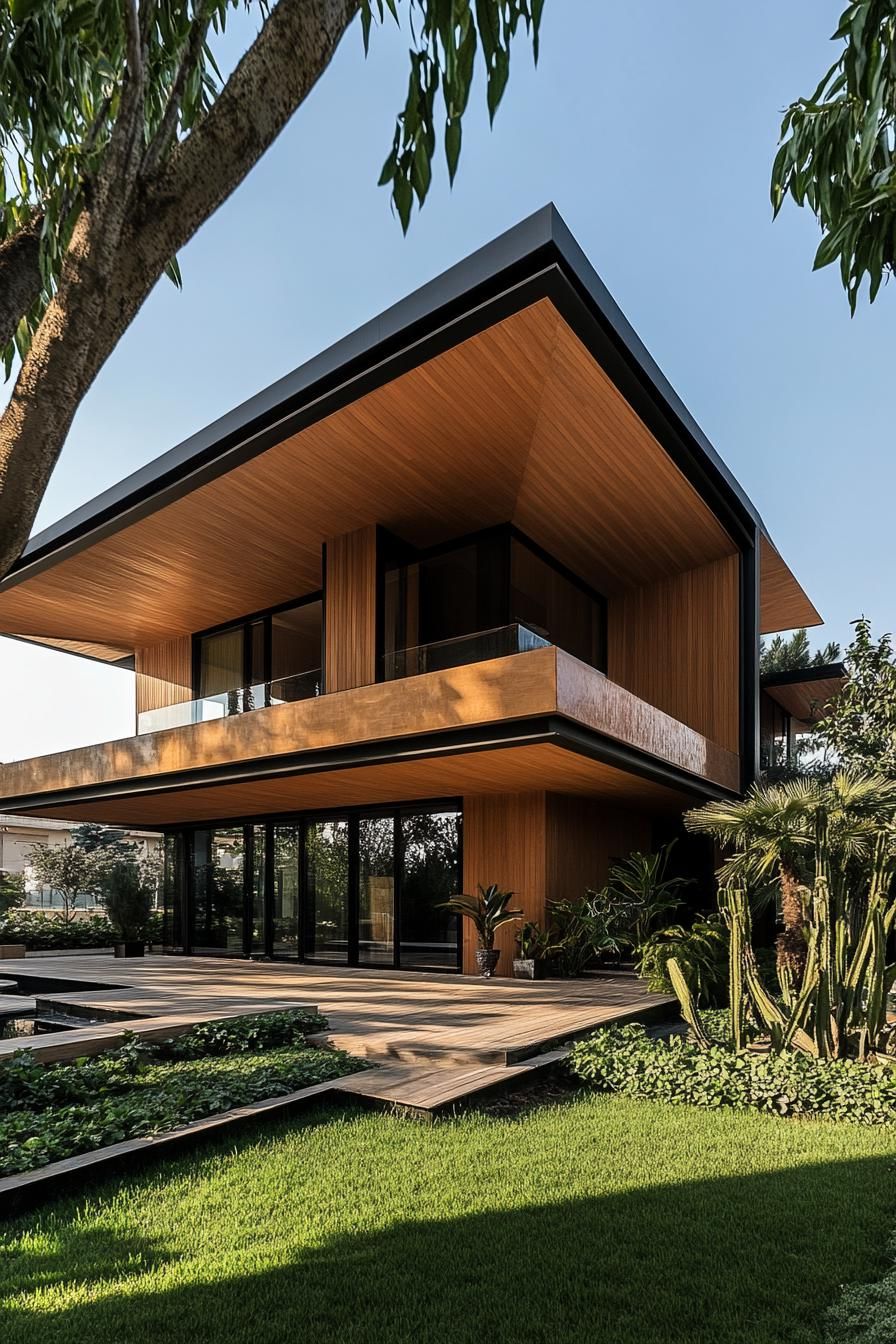 modern wood duplex house facade with larges roof eaves and large geometric deck cover connecting the two duplex house sections